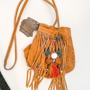Free people leather fringe bucket bag